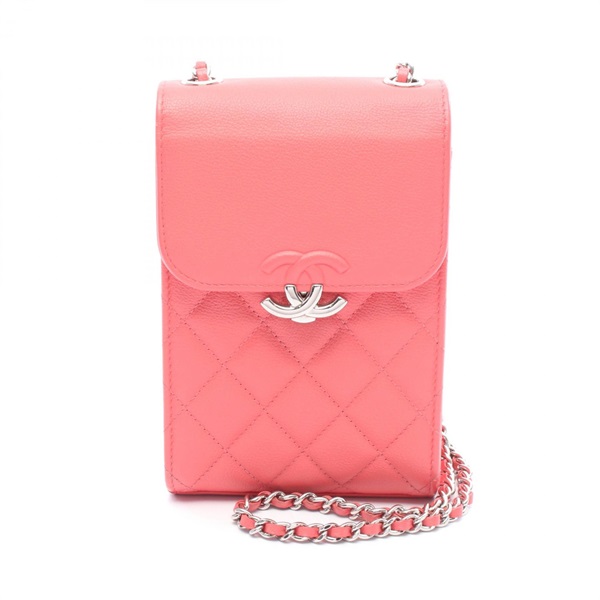 CHANEL Half CC Logo Matelasse Phone Case Chain Shoulder Bag Calfskin Red SHW