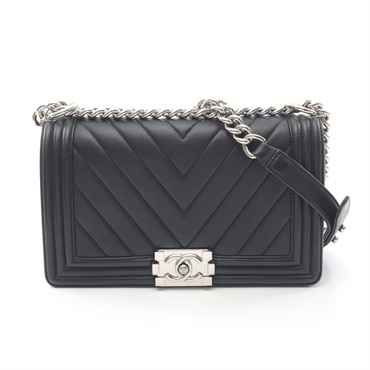 CHANEL Boy Chanel Chevron V Stitch Chain Shoulder Bag leather Black Used SHW