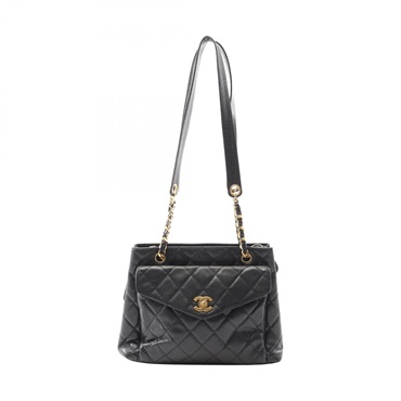 CHANEL Matelasse Chain Shoulder Tote Bag Calfskin Black GHW Used Women
