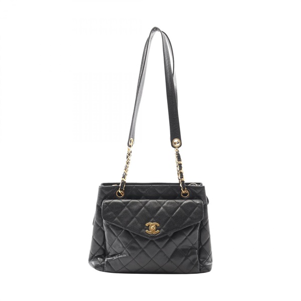 CHANEL Matelasse Chain Shoulder Tote Bag Calfskin Black GHW Used Women