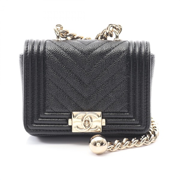 CHANEL Boy chanel Chain Shoulder Bag leather Grained calfskin Black Used GHW CC
