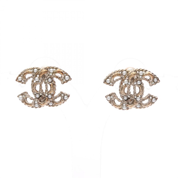 CHANEL COCO Mark Pierced earrings Gold Plated Artificial pearl White Used Women