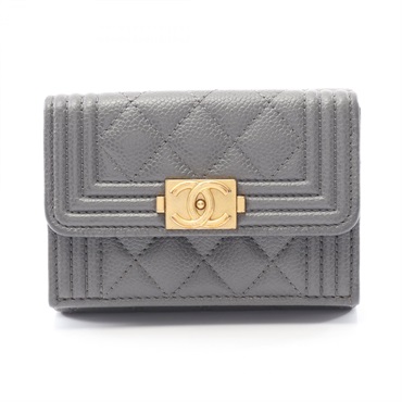 CHANEL Boy chanel Tri-fold compact wallet purse Calfskin Gray Used GHW