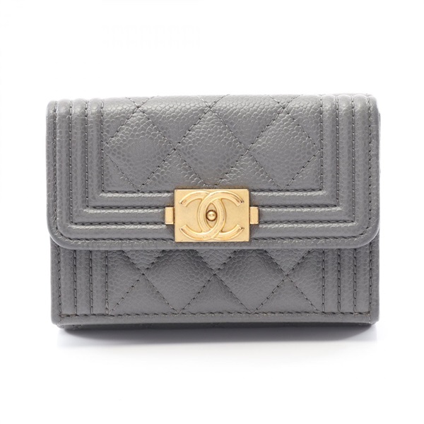 CHANEL Boy chanel Tri-fold compact wallet purse Calfskin Gray Used GHW