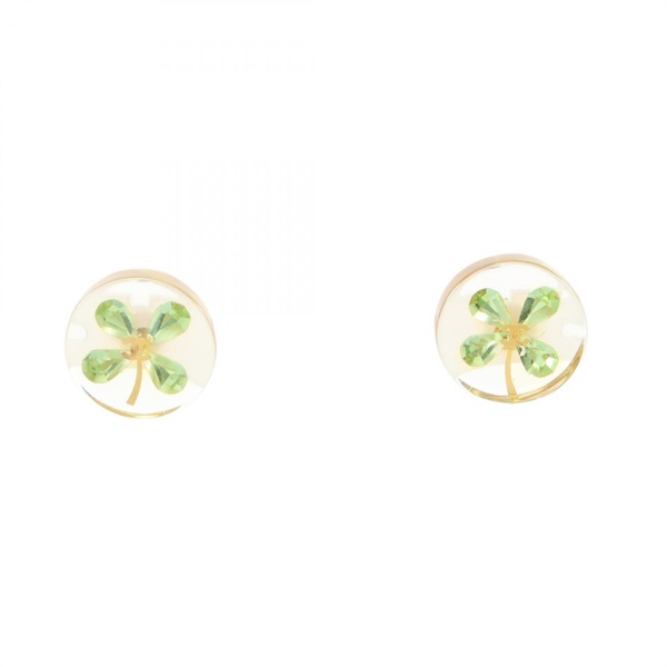 CHANEL COCO Mark Clover Pierced earrings Plastic Crystal Green Used CC women