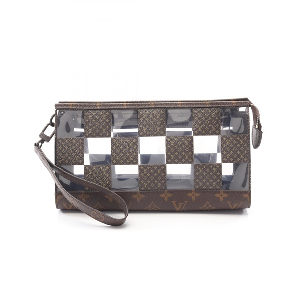 LOUIS VUITTON Stand Pouch clutch bag M81588 Monogram Chess canvas Brown Used LV