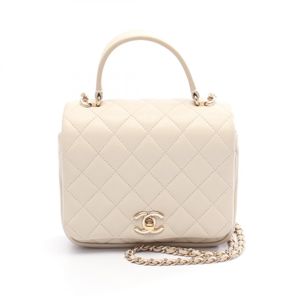 CHANEL Matelasse Top Handle Shoulder Handbag Lamb leather Beige GHW Used Women