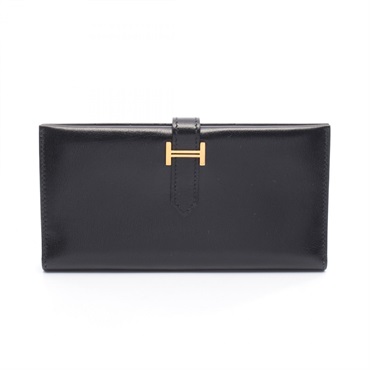 HERMES Bearn Soufflet Bifold purse wallet Box calf leather Black Used GHW H