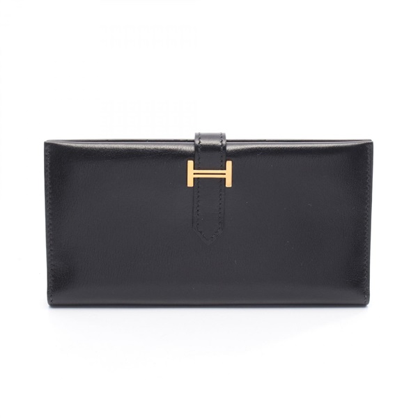 HERMES Bearn Soufflet Bifold purse wallet Box calf leather Black Used GHW H
