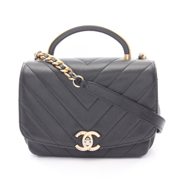 CHANEL Chevron V-stitch Top handle 2Way Chain Shoulder Bag leather Black GHW