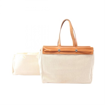 HERMES Herbag Cabas MM Tote hand Bag F Toile Hunter Natural Used Women SHW