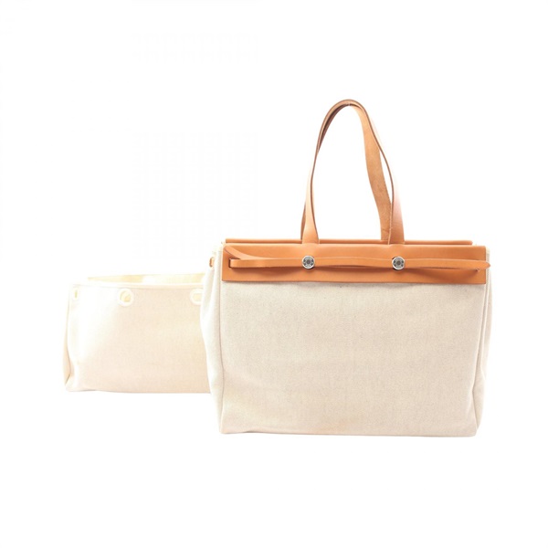HERMES Herbag Cabas MM Tote hand Bag F Toile Hunter Natural Used Women SHW