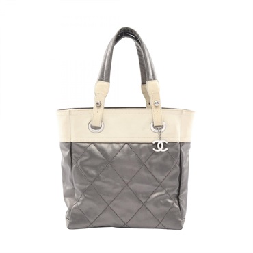 CHANEL Paris Biarritz PM Tote Hand Bag canvas leather Brown Beige Used SHW CC