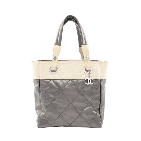 CHANEL Paris Biarritz PM Tote Hand Bag canvas leather Brown Beige Used SHW CC