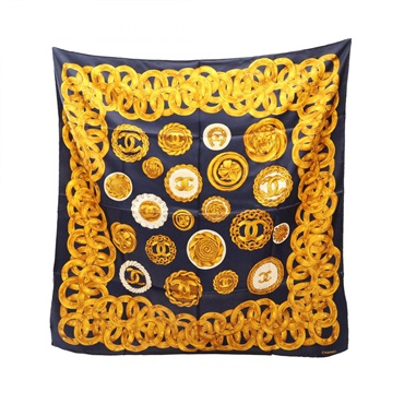 CHANEL COCO Mark Square Scarf Wrap Foulard Stole silk Navy Multicolor Used Women