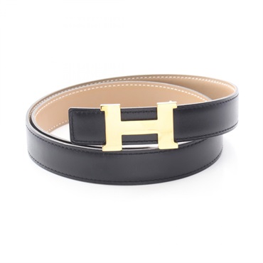 HERMES Mini Constance H Belt Reversible Box calf leather Black Beige Used Women