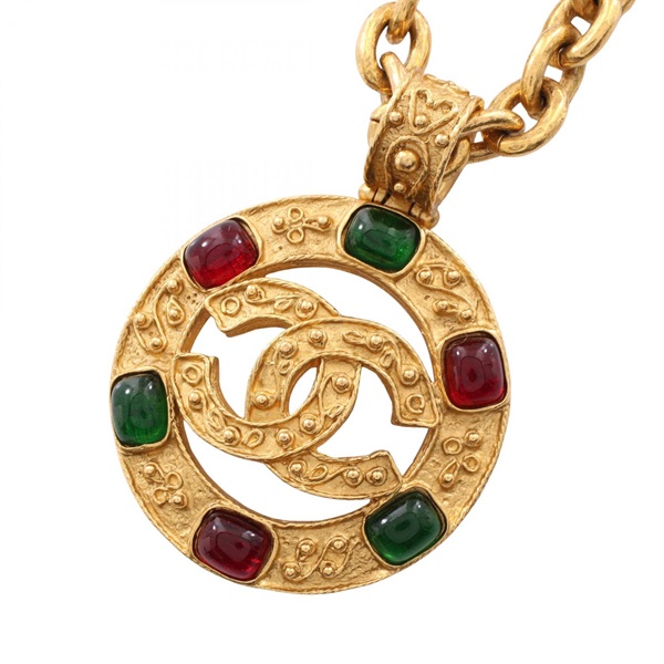 CHANEL COCO Mark Gripoix Long Necklace Pendant Gold Plated Rhinestone Used Women