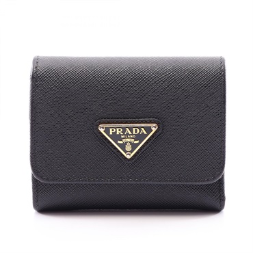 PRADA Saffiano Triangle Tri-fold long wallet 1MH043 leather Black Used unisex