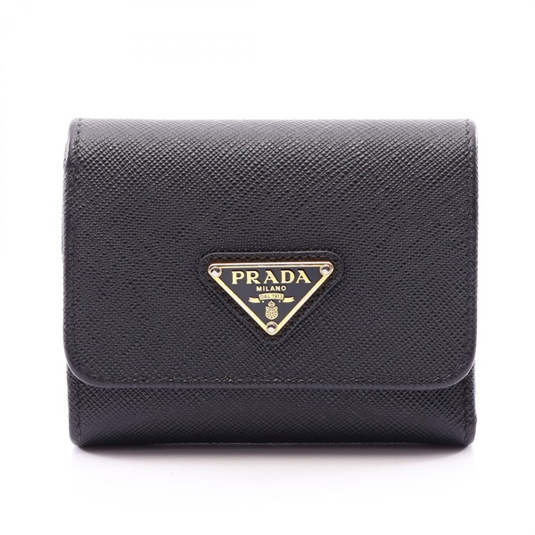 PRADA Saffiano Triangle Tri-fold long wallet 1MH043 leather Black Used unisex