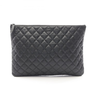 CHANEL Matelasse Black hardware Business Clutch Bag Pouch leather Black Used CC