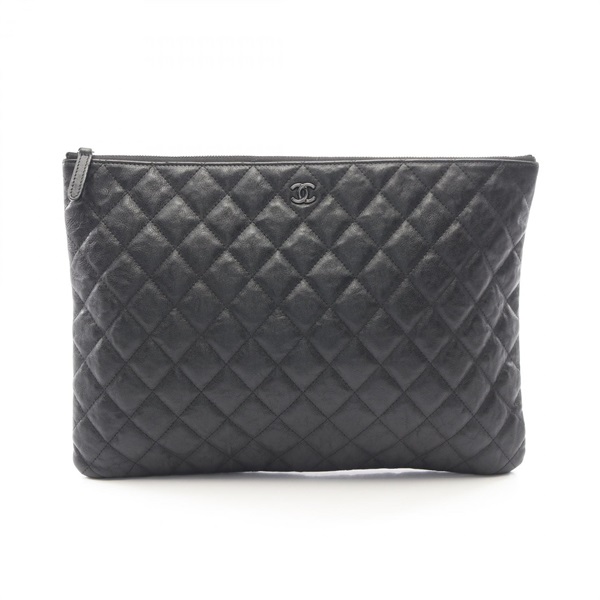 CHANEL Matelasse Black hardware Business Clutch Bag Pouch leather Black Used CC