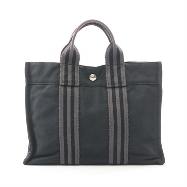 HERMES Fourre-tout PM Hand Tote Bag canvas Black Gray Used Women SHW