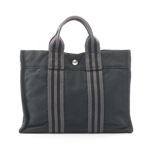 HERMES Fourre-tout PM Hand Tote Bag canvas Black Gray Used Women SHW