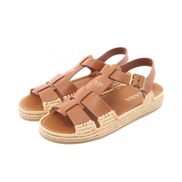 PRADA Sandals Anckle strap Flat Shoes 1X870N leather Raffia Brown Used Women #37