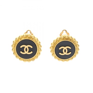 CHANEL COCO Mark clip Earring Gold Plated Black Used
