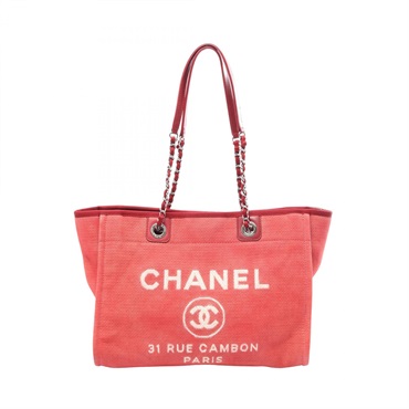 CHANEL Deauville Chain Shoulder Tote Bag A67001 canvas leather Red Bordeaux Used