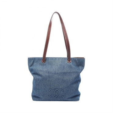 CHANEL COCO Mark Tote Shoulder Bag denim leather Navy Brown Used Women CC