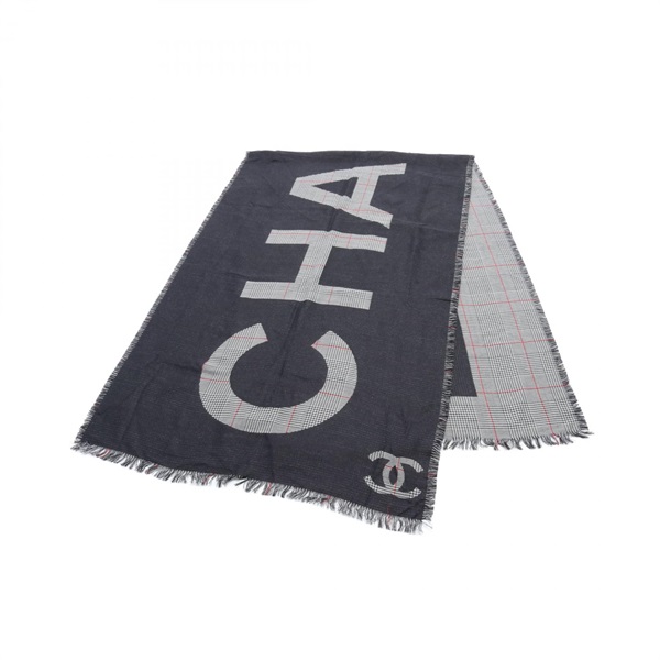 CHANEL COCO Mark Stole scarf silk cashmere Black White Red Used Women logo CC