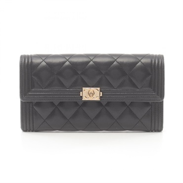 CHANEL Boy Chanel Matelasse Bi-fold long wallet Purse Lambskin leather Black GHW