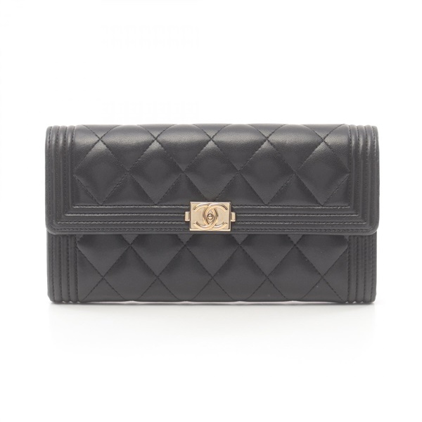 CHANEL Boy Chanel Matelasse Bi-fold long wallet Purse Lambskin leather Black GHW