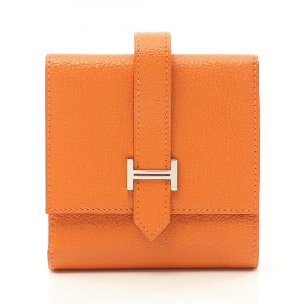 HERMES Bearn Recto Verso Bi-fold compact wallet purse K Orange Used SHW