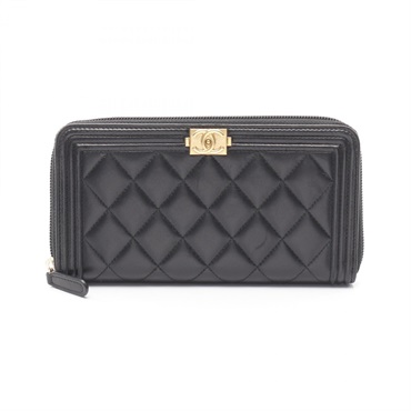 CHANEL Boy chanel Around Long Wallet A80288 Lambskin Black GHW Used Women