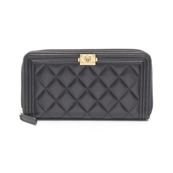 CHANEL Boy chanel Around Long Wallet A80288 Lambskin Black GHW Used Women