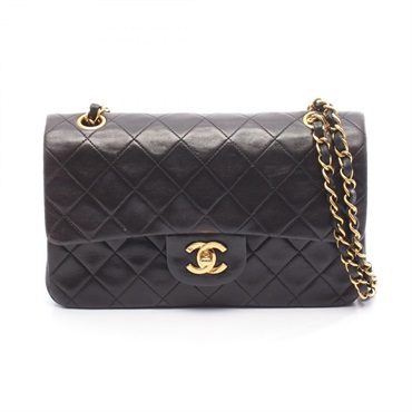 CHANEL Matelasse W flap Shoulder Bag A01113 Lamb sheep leather Black Used GHW