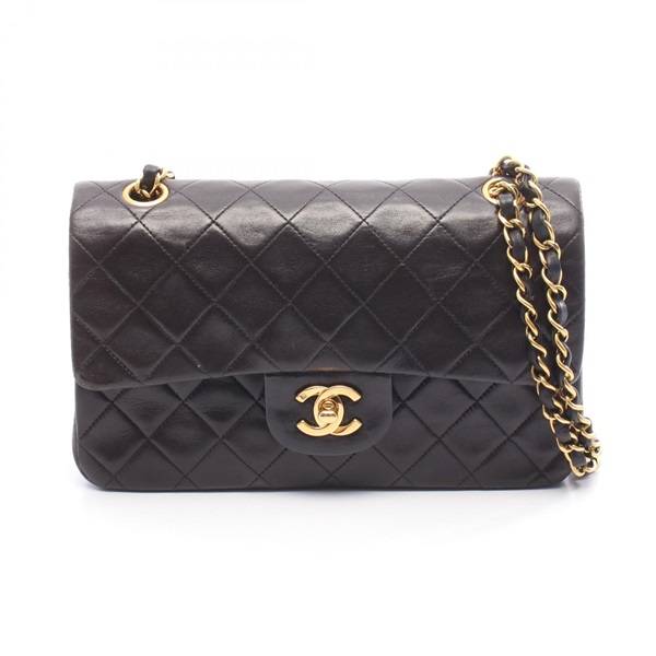 CHANEL Matelasse W flap Shoulder Bag A01113 Lamb sheep leather Black Used GHW