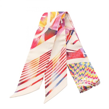 HERMES Twilly EX-LIBRIS MARBLE ribbon Scarf foulard wrap silk White Multicolor