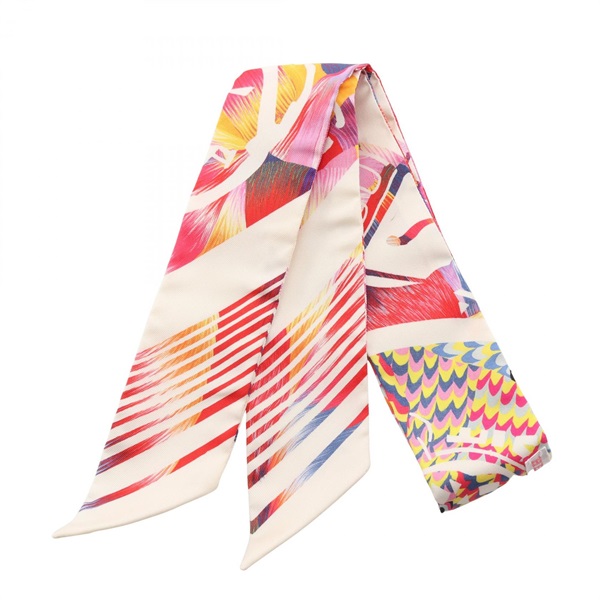 HERMES Twilly EX-LIBRIS MARBLE ribbon Scarf foulard wrap silk White Multicolor