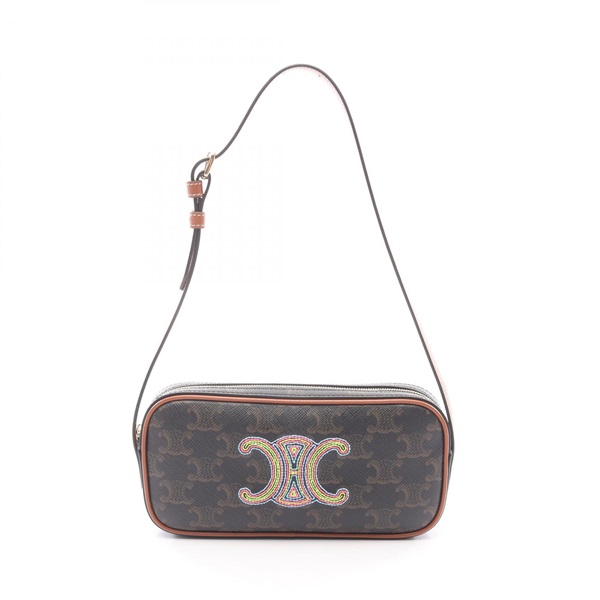 CELINE Cuir Triomphe Mini Camera Shoulder Bag canvas leather Black Brown Used