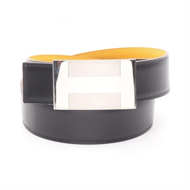 HERMES H Plate Reversible belt ceinture leather Black Yellow Used Women