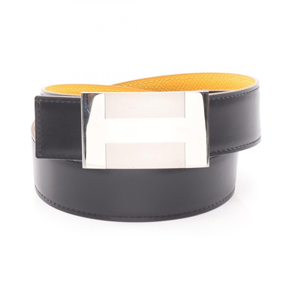 HERMES H Plate Reversible belt ceinture leather Black Yellow Used Women