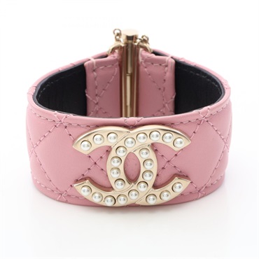 CHANEL COCO Mark Bracelet Bangle leather GP Artificial pearl Pink Used Women CC