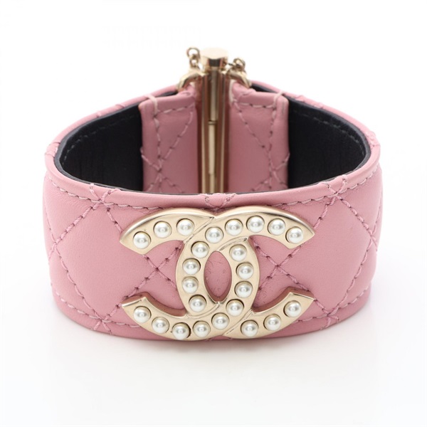 CHANEL COCO Mark Bracelet Bangle leather GP Artificial pearl Pink Used Women CC