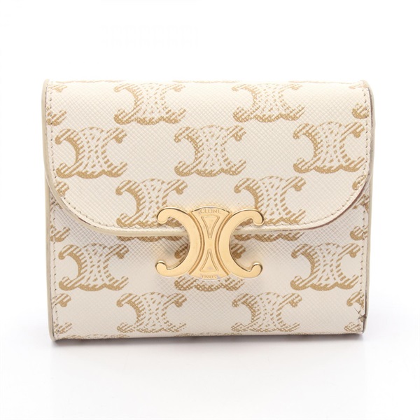CELINE Triomphe small flap Tri-fold wallet 10D783DPV White Gold Used Women