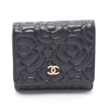 CHANEL Camelia Tri-fold Compact Wallet Purse leather Black GHW Used Women CC