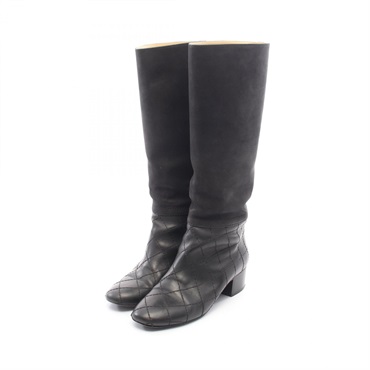 CHANEL COCO Mark Quilted Long Boots Shoes #37 1/2 leather Black Used Women CC