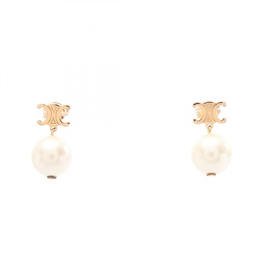 CELINE Triomphe Pierced earrings Gold Plated Artificial pearl White Used Women